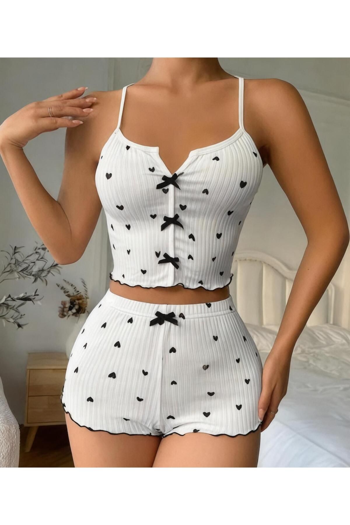 1_org_zoom-234.jpg Kadın Beyaz Askılı Desenli Gecelik Pijama Şortlu Takım - Görsel 1